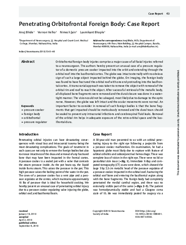 (PDF) Penetrating Orbitofrontal Foreign Body: Case Report | Dr ...