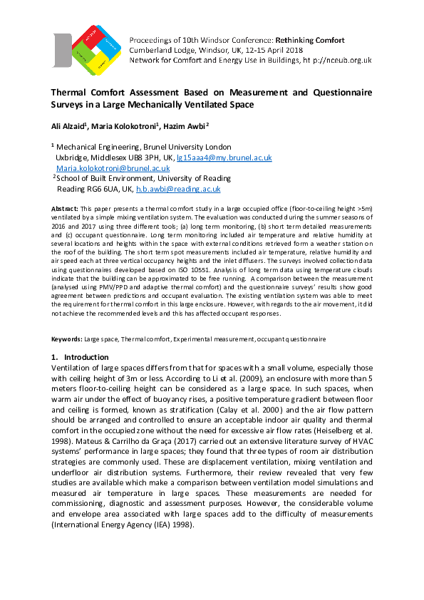 (PDF) Thermal Comfort Assessment Based on Measurement and Questionnaire ...