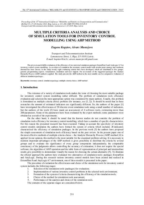 (PDF) Multiple Criteria Analysis and Choice of Simulation Tools for ...