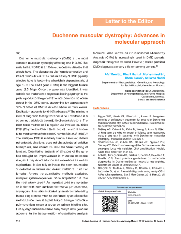 (PDF) Duchenne muscular dystrophy: Advances in molecular appraoch
