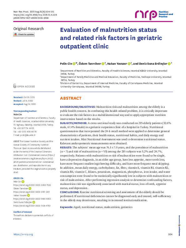 (PDF) Evaluation of malnutrition status and related risk factors in ...