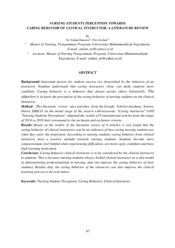 (PDF) Nursing Students Perception Towards Caring Behavior of Clinical ...