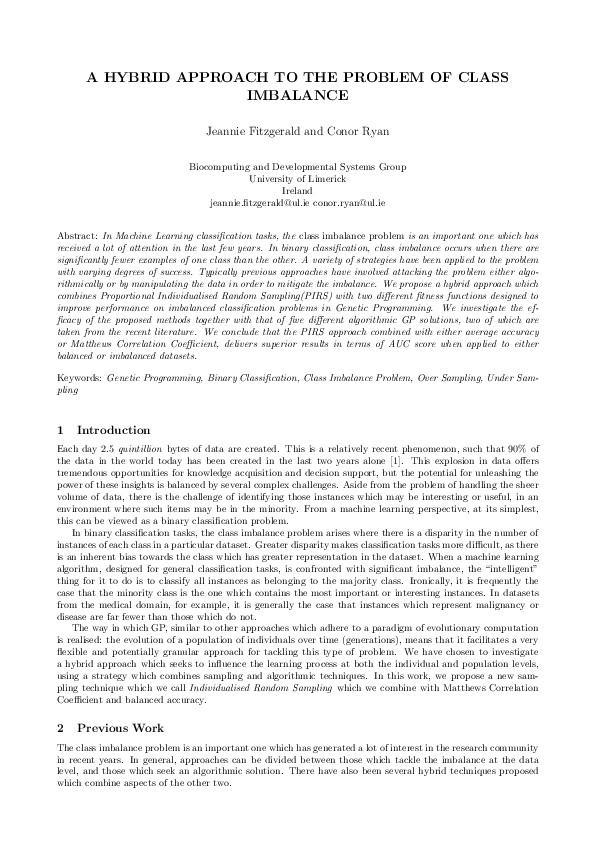 (PDF) A hybrid approach to the problem of class imbalance