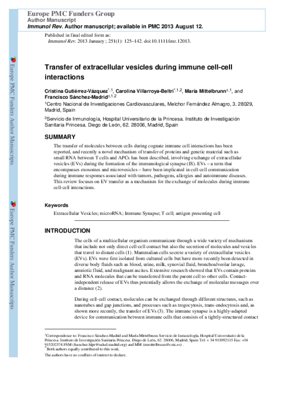 (PDF) Transfer of extracellular vesicles during immune cell-cell ...
