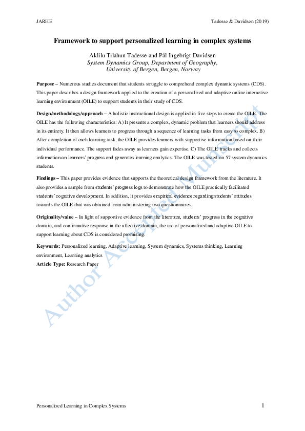 (PDF) Framework to support personalized learning in complex systems