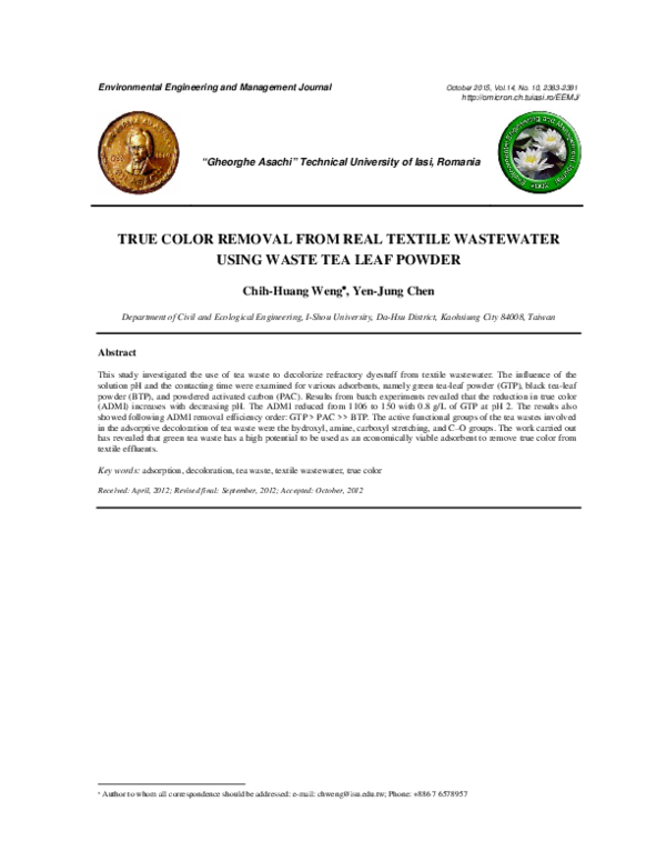 (PDF) True Color Removal from Real Textile Wastewater Using Waste Tea ...