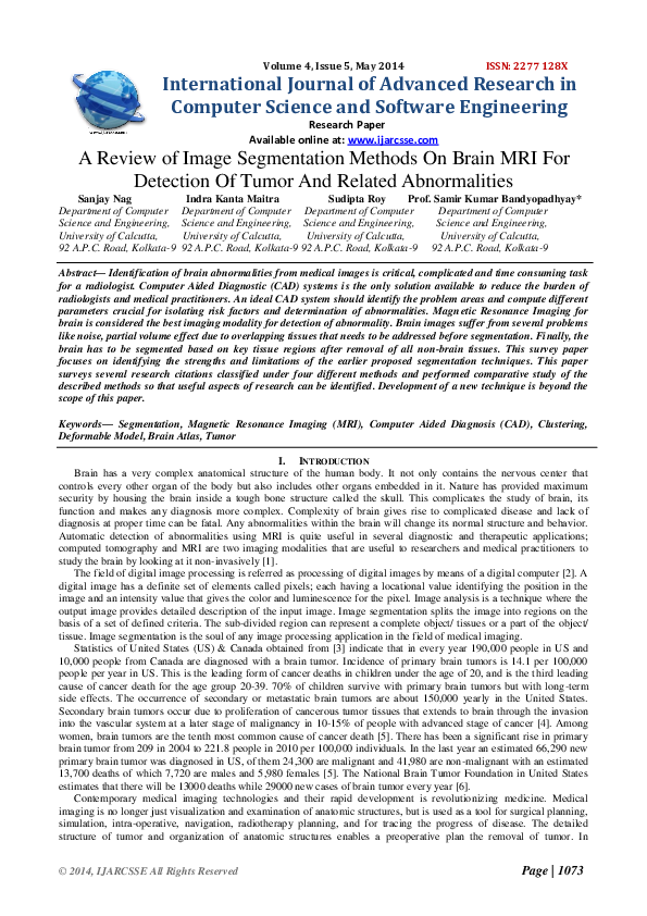 (PDF) A Review of Image Segmentation Methods On Brain MRI For Detection ...