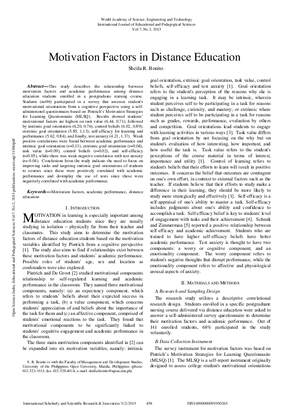 (PDF) Motivation Factors in Distance Education