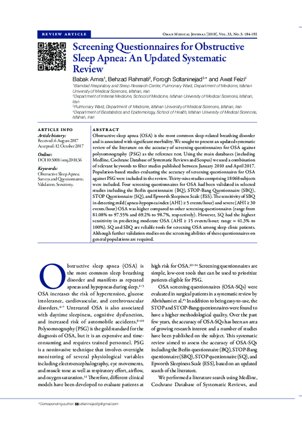(PDF) Screening Questionnaires for Obstructive Sleep Apnea: An Updated ...