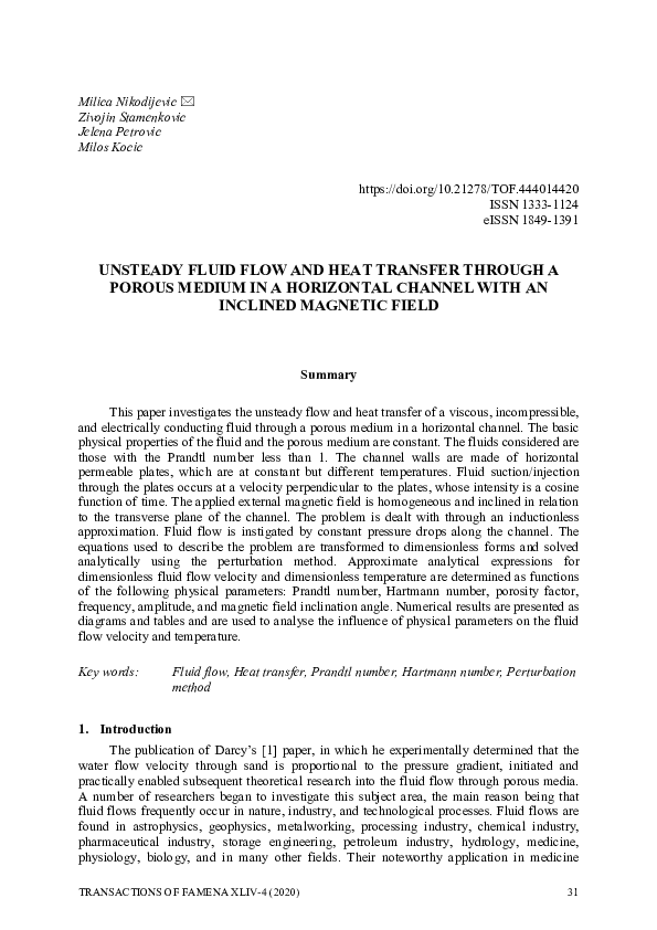 (PDF) Unsteady Fluid Flow and Heat Transfer Through a Porous Medium in ...