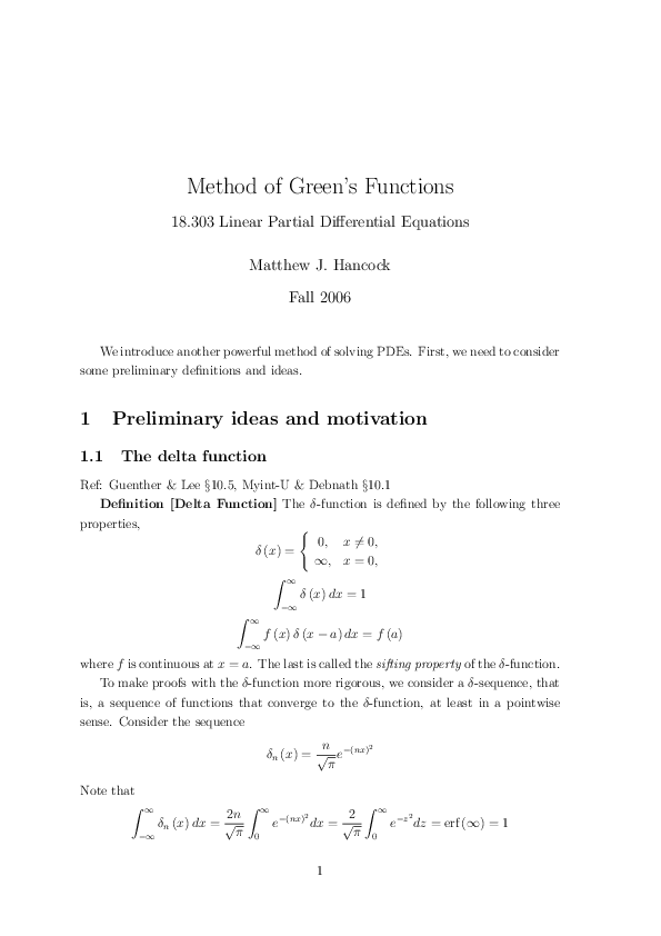 (PDF) Method of Green ’ s Functions 18 . 303 Linear Partial ...