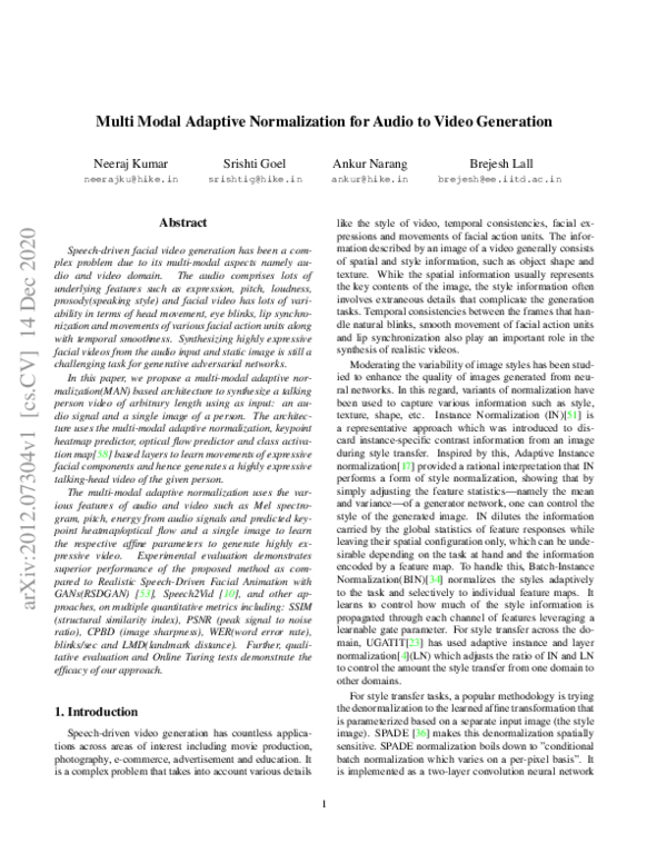 (PDF) Multi Modal Adaptive Normalization for Audio to Video Generation