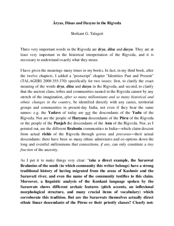 (PDF) Āryas, Dāsas and Dasyus in the Rigveda