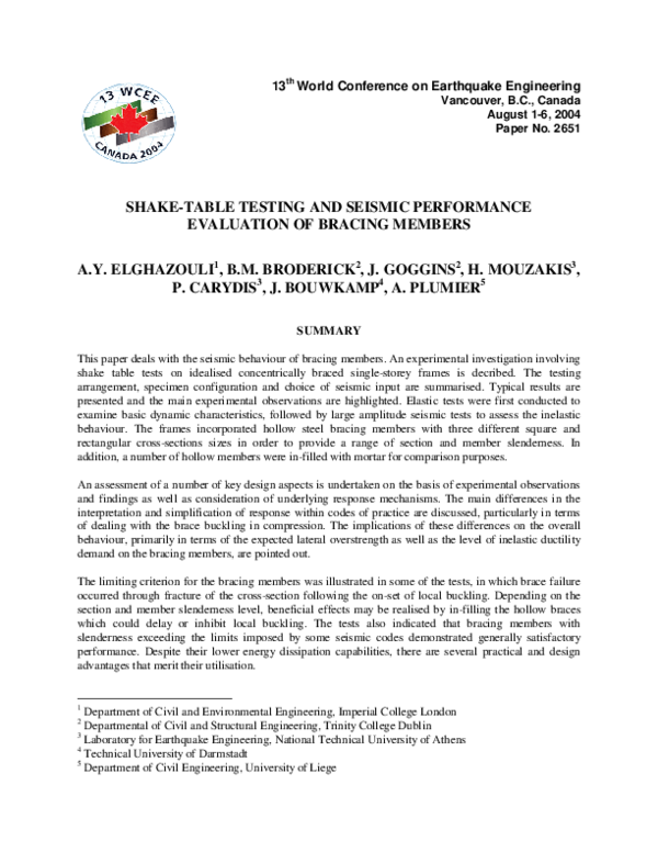 (PDF) Shake Table Test and Seismic Performance Evaluation of Bracing ...