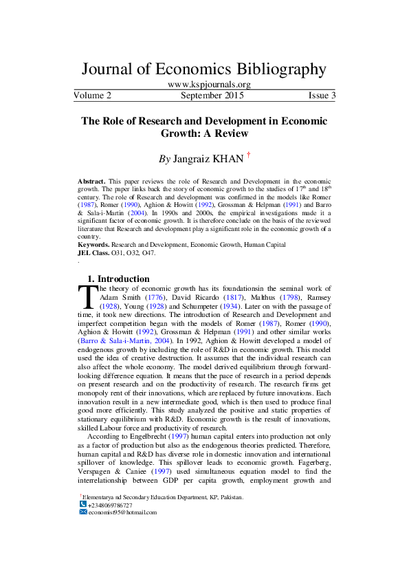 (PDF) The Role of Research and Development in Economic Growth: A Review