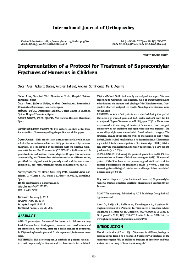 (PDF) Implementation of a Protocol for Treatment of Supracondylar ...