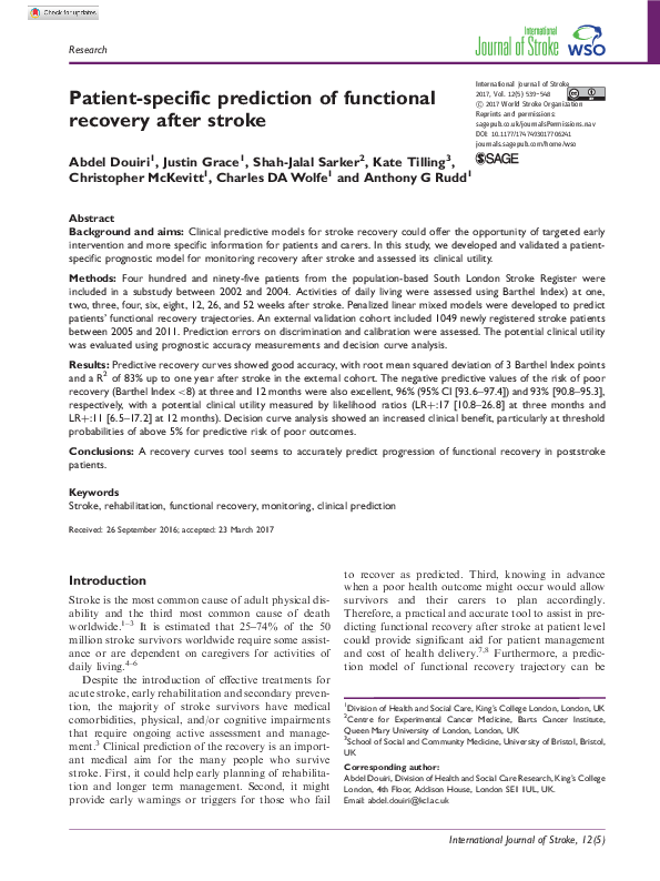 (PDF) Patient-specific prediction of functional recovery after stroke