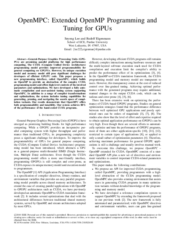 (PDF) OpenMPC: Extended OpenMP for efficient