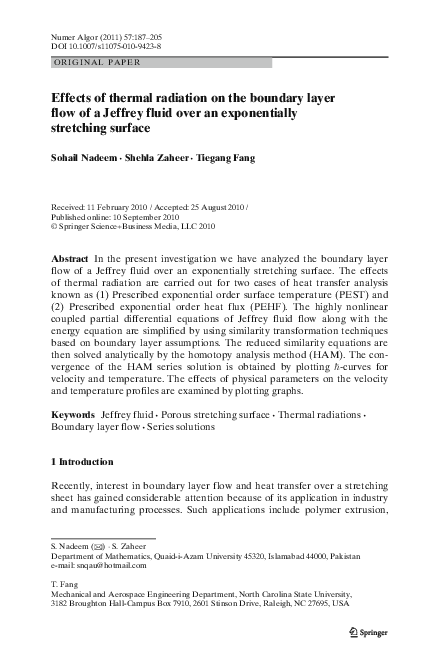 (PDF) Effects of thermal radiation on the boundary layer flow of a ...
