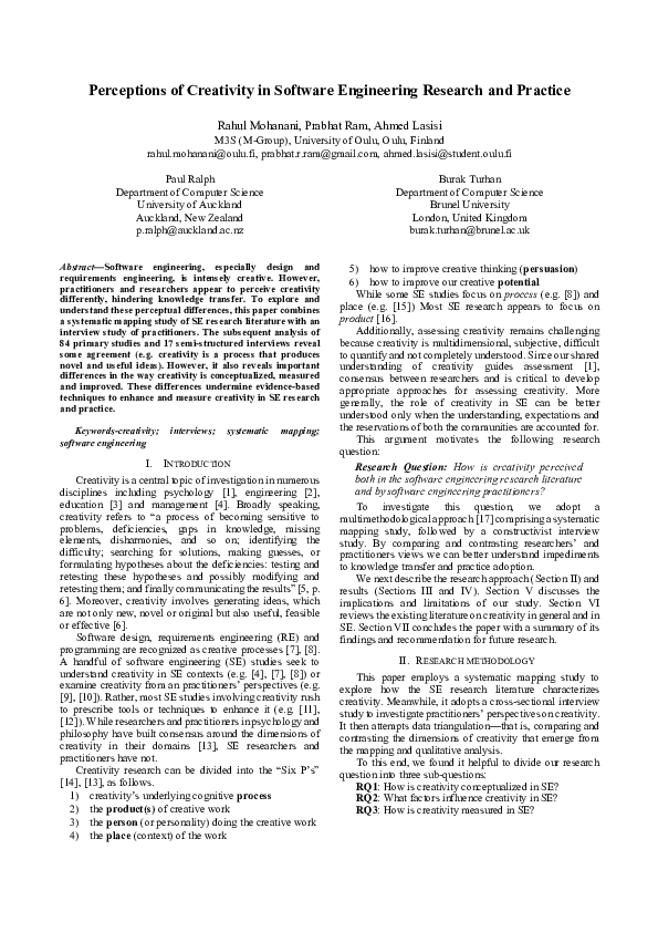 (PDF) Perceptions of Creativity in Software Engineering Research and ...