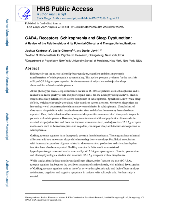 (PDF) GABAB receptors, schizophrenia and sleep dysfunction: a review of ...