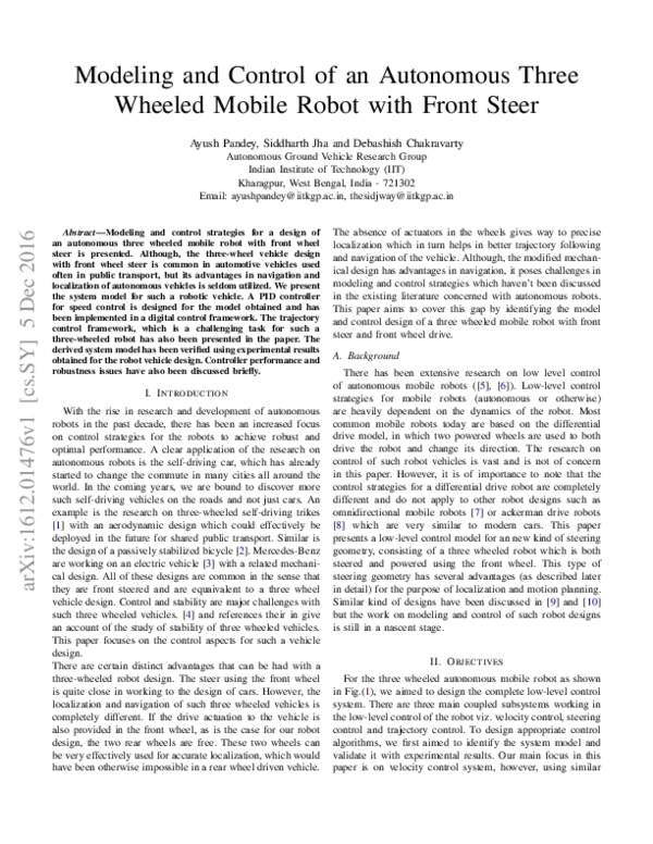 (PDF) Modeling and Control of an Autonomous Three Wheeled Mobile Robot ...