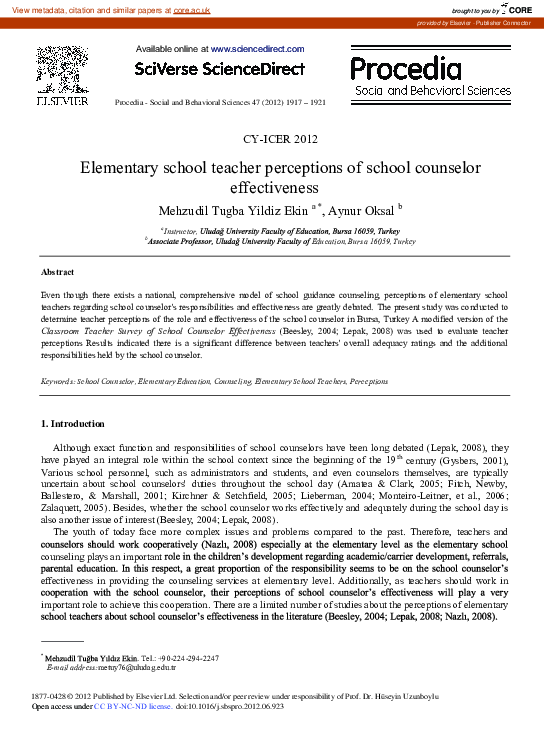 (PDF) Elementary School Teacher Perceptions of School Counselor ...