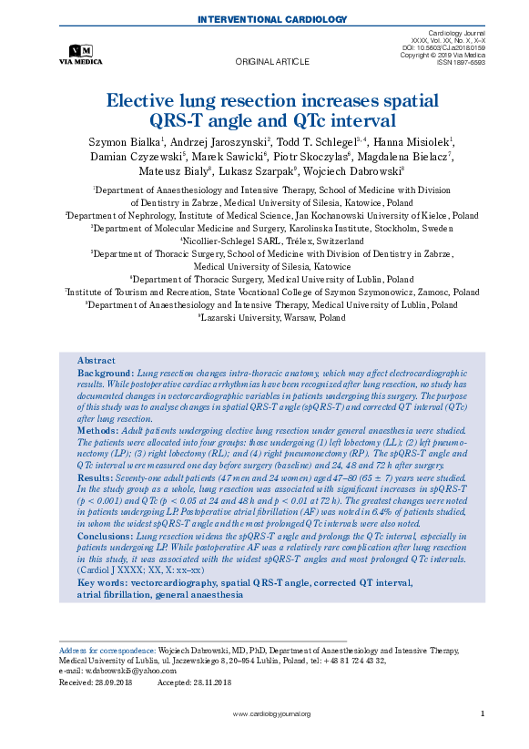 (PDF) Elective lung resection increases spatial QRS-T angle and QTc ...