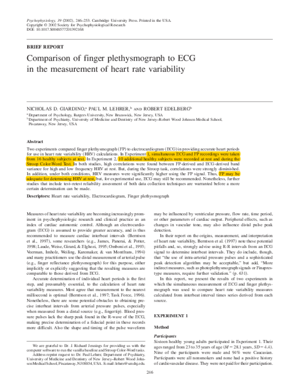 (PDF) Comparison of finger plethysmograph to ECG in the measurement of
