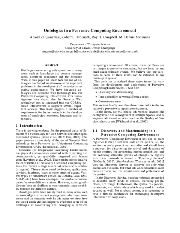 (PDF) Ontologies in a pervasive computing environment