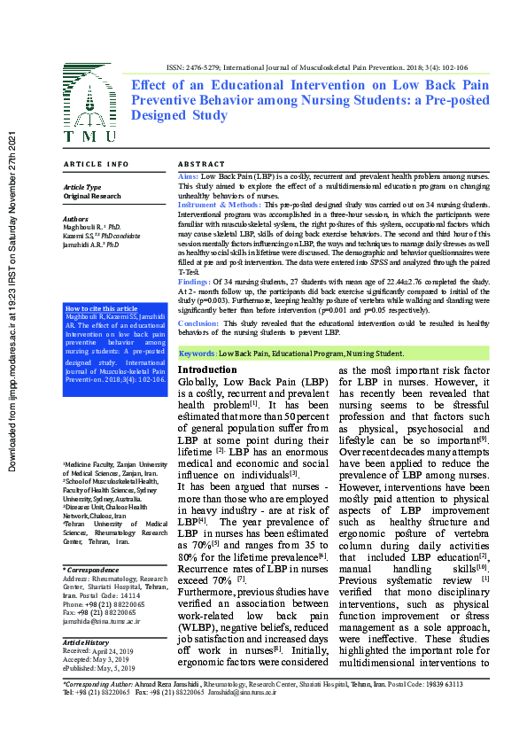 (PDF) The effect of an educational Intervention on low back pain ...