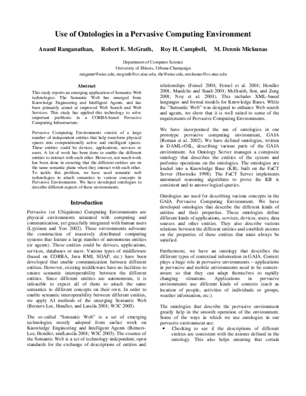 (PDF) Use of ontologies in a pervasive computing environment