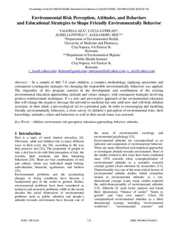 (PDF) Environmental Risk Perception , Attitudes , and Behaviors and ...