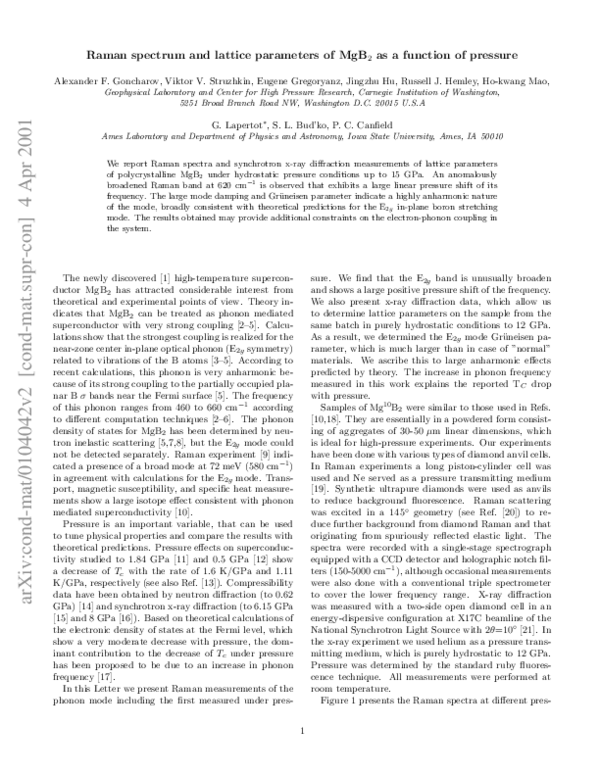 (PDF) The Raman spectrum and lattice parameters of MgB2 as a function ...