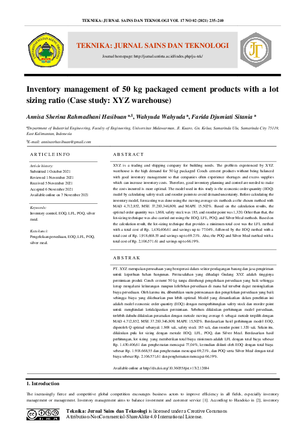 (PDF) Inventory management of 50 kg packaged cement products with a lot ...