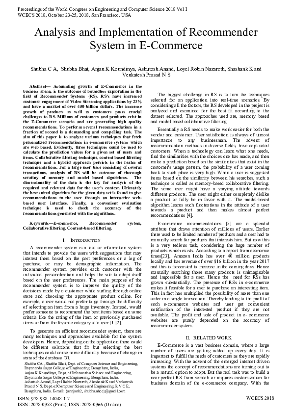 (PDF) Analysis and Implementation of Recommender System in E-Commerce