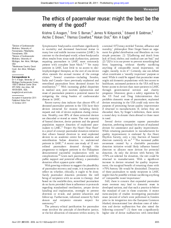 (PDF) The ethics of pacemaker reuse: might the best be the enemy of the ...