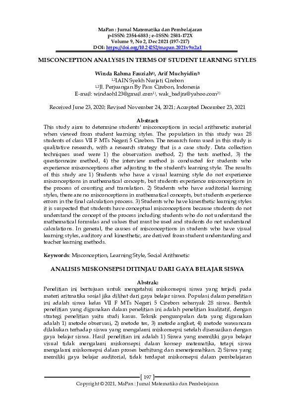 (PDF) Misconception Analysis in Terms of Student Learning Styles