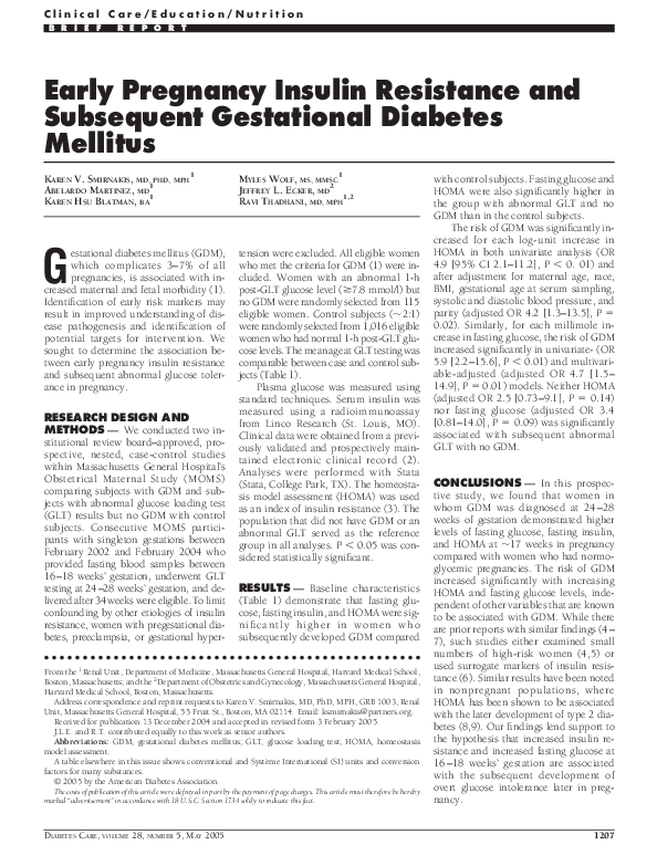 (PDF) Early Pregnancy Insulin Resistance and Subsequent Gestational ...