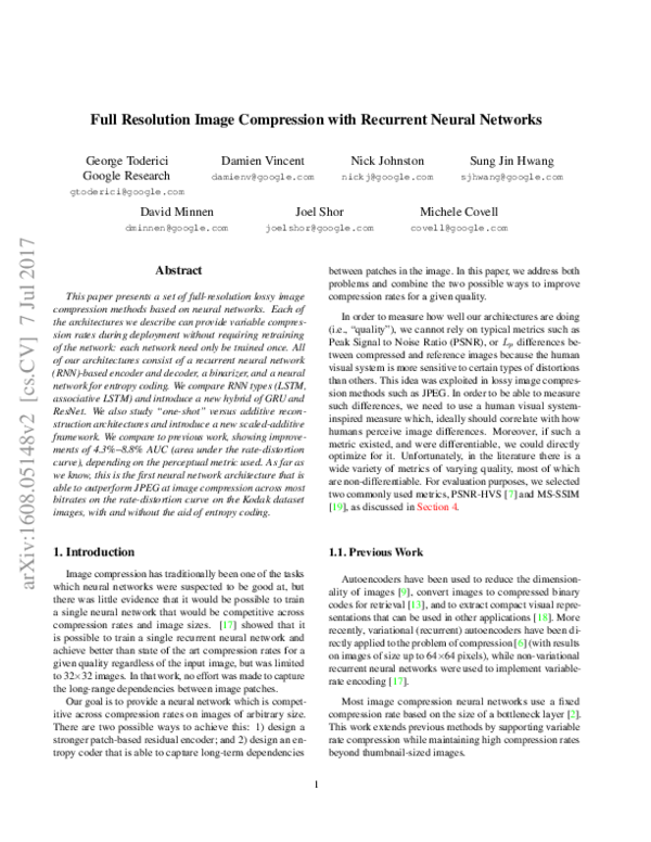 (PDF) Full Resolution Image Compression with Recurrent Neural Networks