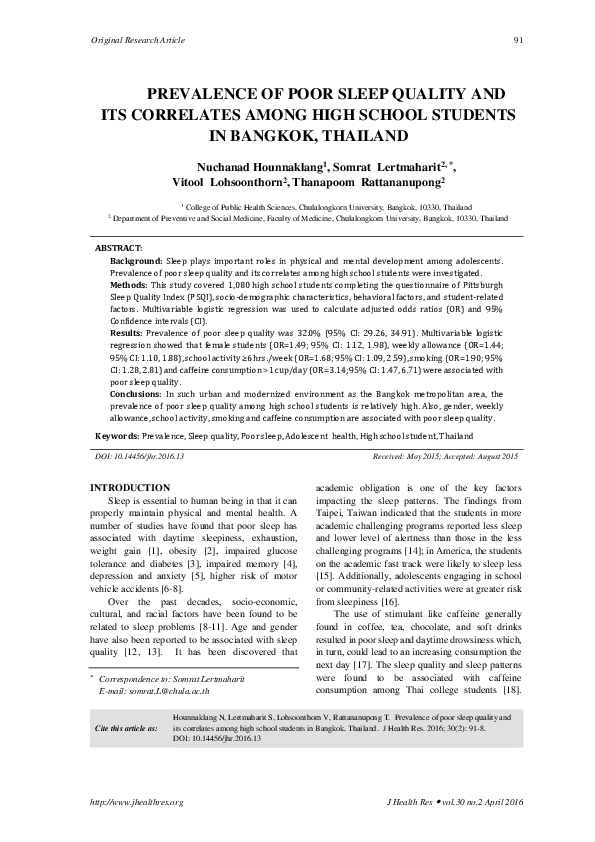 (PDF) Prevalence of poor sleep quality and its correlates among high ...