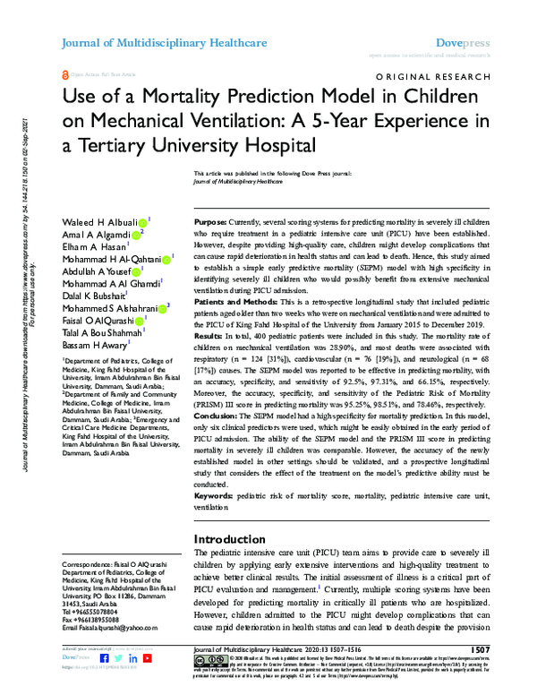 (PDF) Use of a Mortality Prediction Model in Children on Mechanical ...