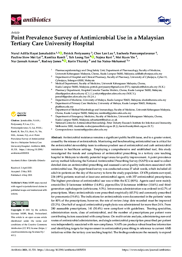(PDF) Point Prevalence Survey of Antimicrobial Use in a Malaysian ...