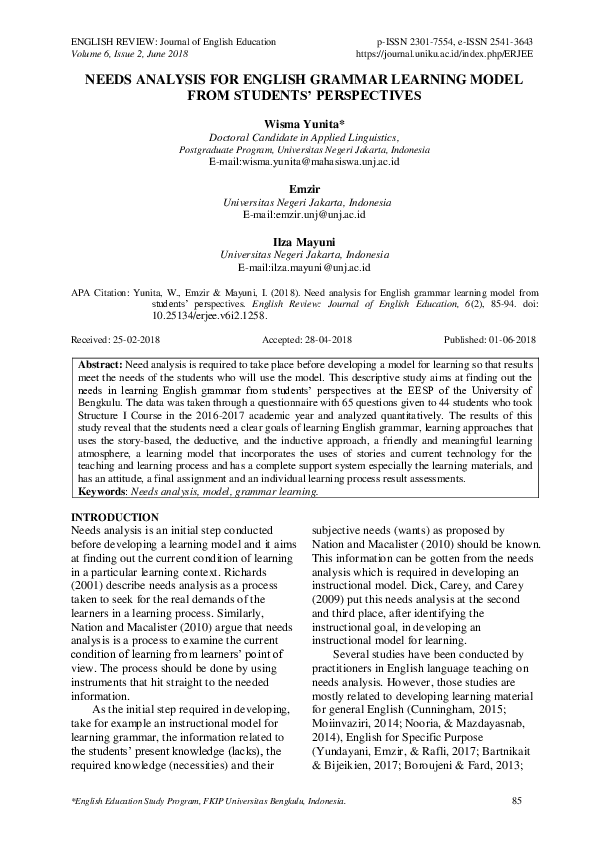 (PDF) Needs Analysis for English Grammar Learning Model from Students ...