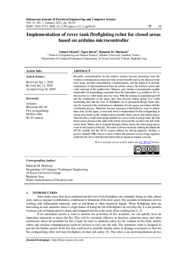 (PDF) Implementation of rover tank firefighting robot for closed areas ...