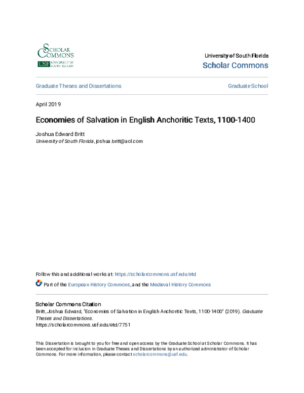 Economies of Salvation in English Anchoritic Texts, 1100-1400