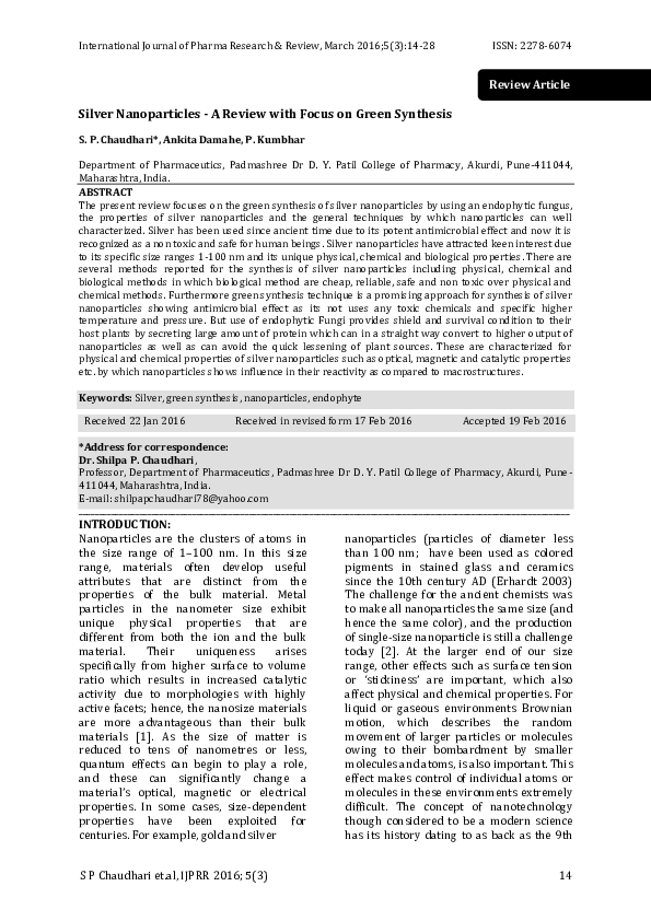(PDF) Silver Nanoparticles - A Review with Focus on Green Synthesis