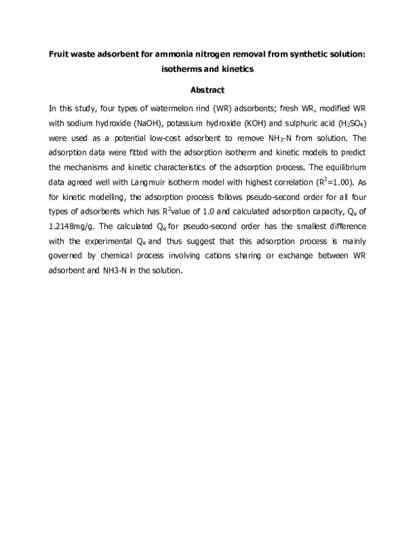 (PDF) Fruit waste adsorbent for ammonia nitrogen removal from synthetic ...