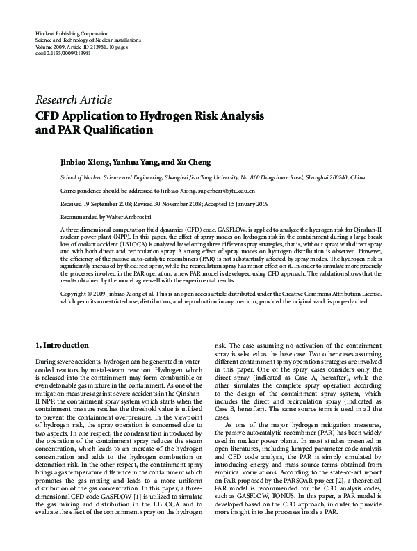 (PDF) CFD Application to Hydrogen Risk Analysis and PAR Qualification