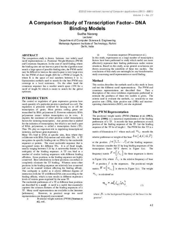 (PDF) A Comparison Study of Transcription Factor – DNA Binding Models